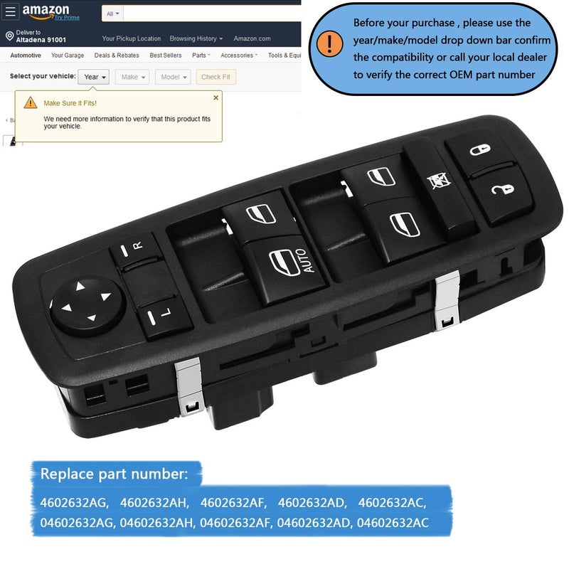 Partschoice Front Driver Side Master Power Window Switch Door Lock Main Control Button Automotive Interior Trim Compatible with 2008-2012 Dodge Journey & Nitro, Jeep Liberty, RAM 1500/2500/3500 Replace 4602632AG - Image 3